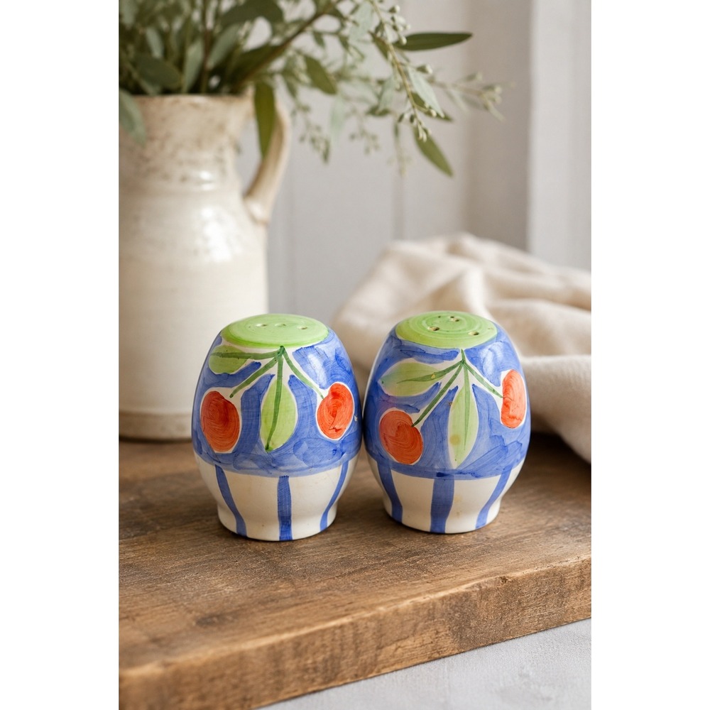 Hand‎ Painted Ceramic Cherry Salt & Pepper Shakers Blue White Vintage 3" Pair
